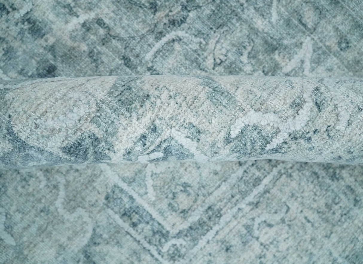 One of a Kind 8x10 Ivory, Gray and Charcoal Traditional Erased Hand Loomed Art Silk Area Rug