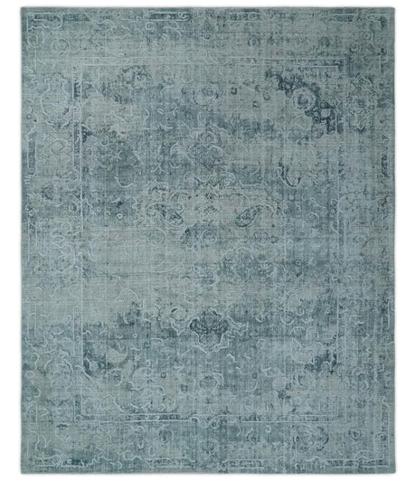 One of a Kind 8x10 Ivory, Gray and Charcoal Traditional Erased Hand Loomed Art Silk Area Rug