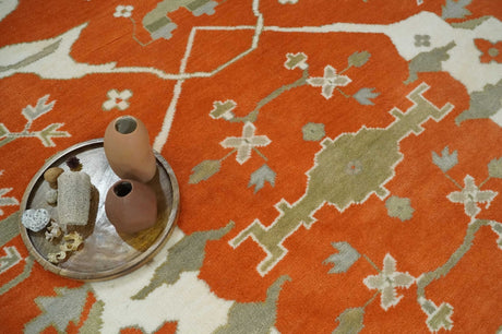 Orange, Ivory and Olive Hand knotted Oriental Oushak 9x12 wool Area Rug