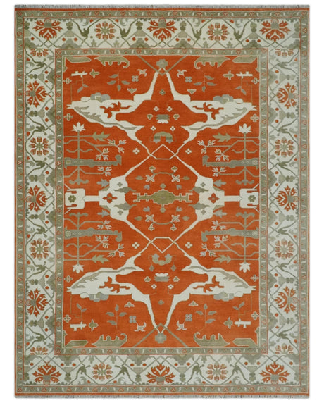 Orange, Ivory and Olive Hand knotted Oriental Oushak 9x12 wool Area Rug