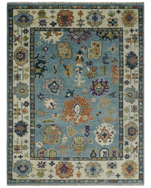 Oushak Hand Knotted Blue and Ivory Traditional Wool Multi Size wool Area Rug