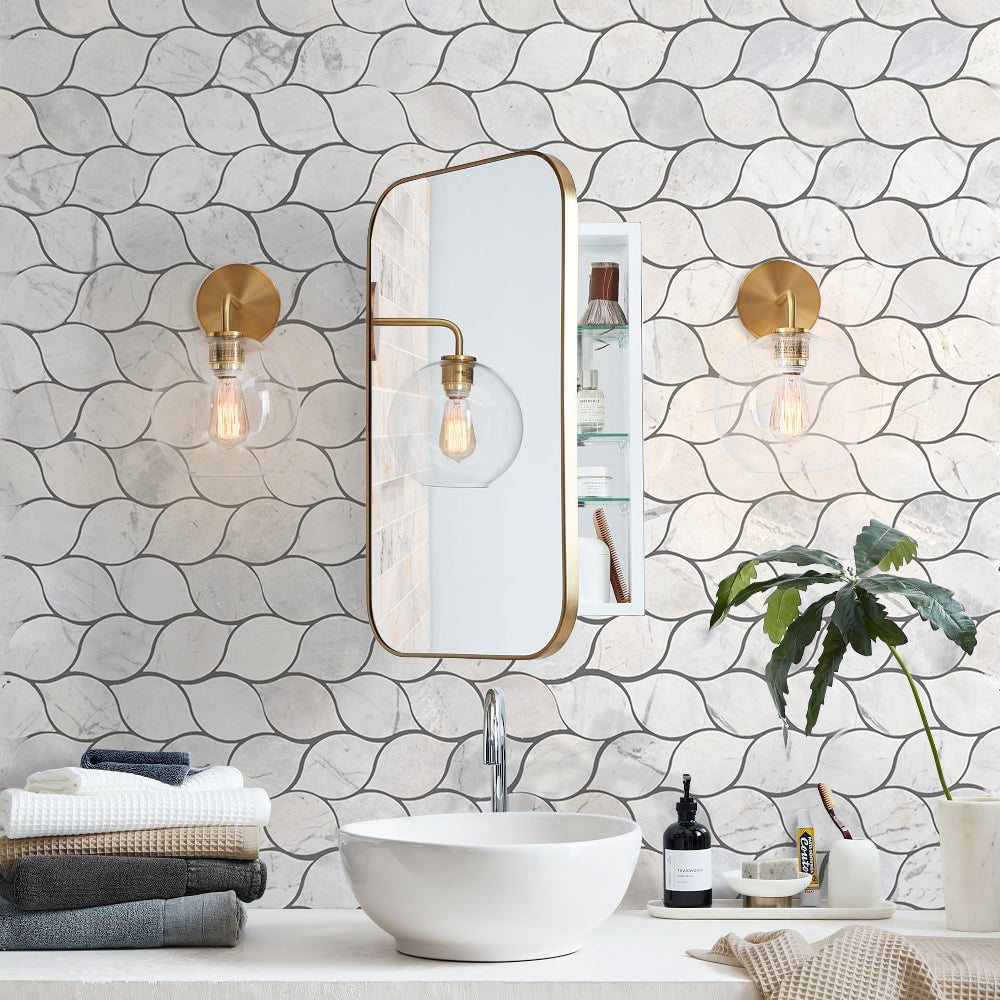 Palia Dolomite White Leaf Design on 12" x 12" Mesh Mosaic Tile - Belair Collection