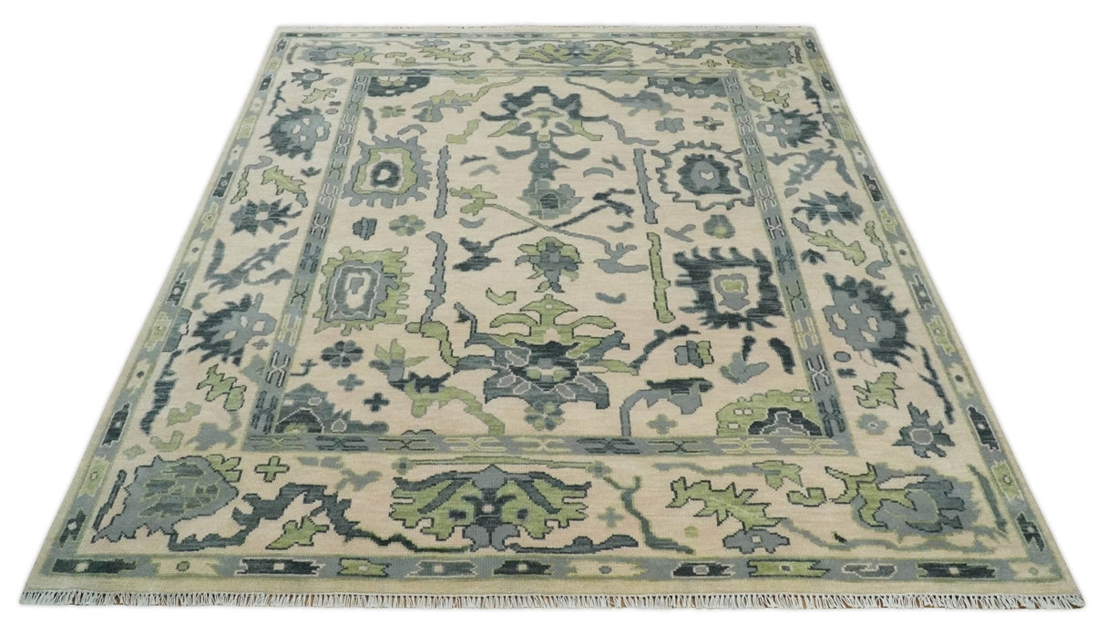 Peach, Charcoal and Green Hand knotted 8x10 and 9x12 Oushak Traditional Wool Area Rug