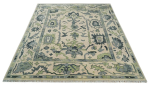 Peach, Charcoal and Green Hand knotted 8x10 and 9x12 Oushak Traditional Wool Area Rug