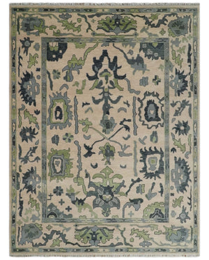 Peach, Charcoal and Green Hand knotted 8x10 and 9x12 Oushak Traditional Wool Area Rug