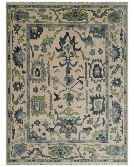 Peach, Charcoal and Green Hand knotted 8x10 and 9x12 Oushak Traditional Wool Area Rug