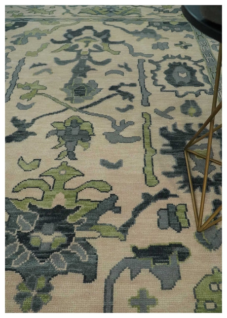 Peach, Charcoal and Green Hand knotted 8x10 and 9x12 Oushak Traditional Wool Area Rug