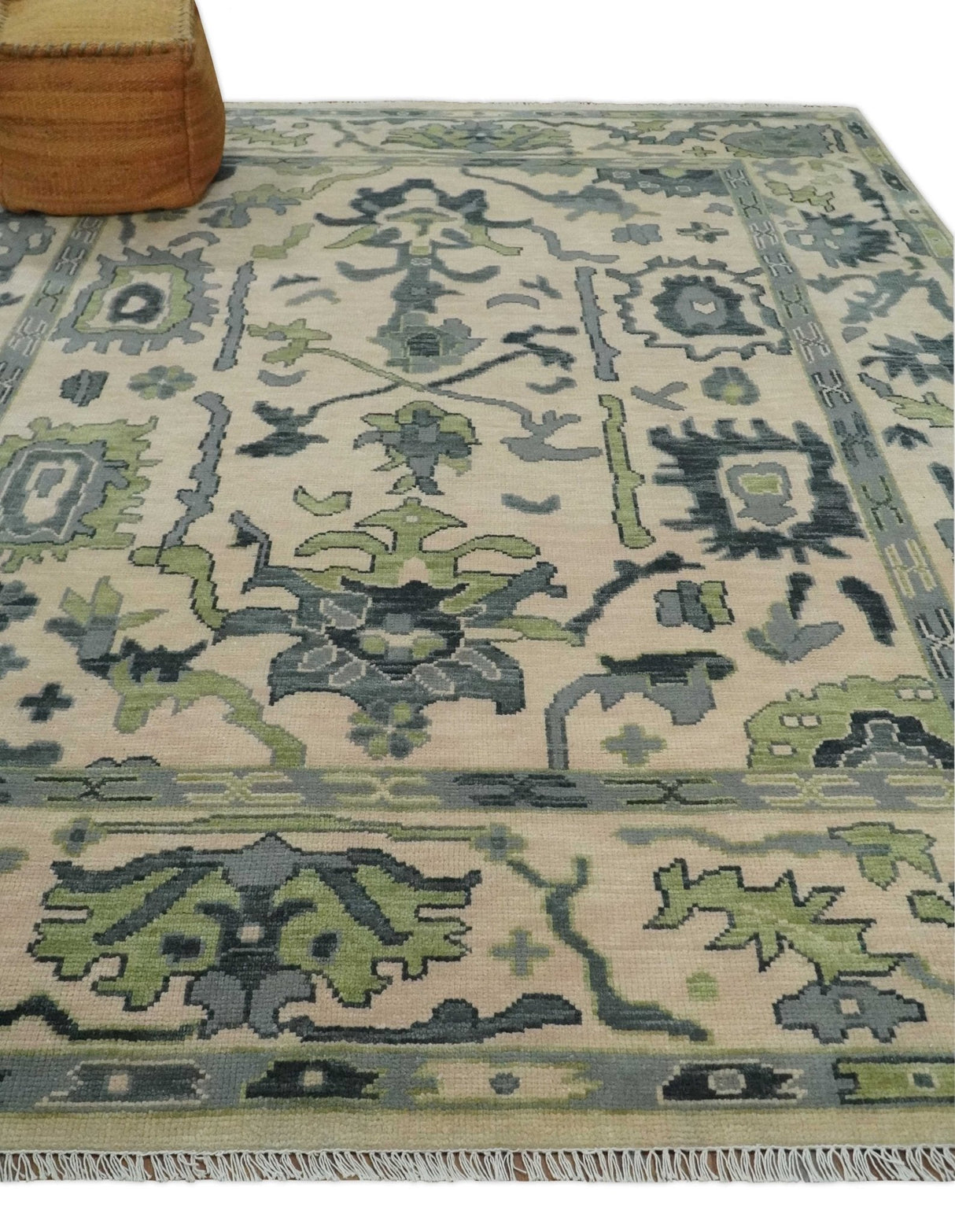 Peach, Charcoal and Green Hand knotted 8x10 and 9x12 Oushak Traditional Wool Area Rug