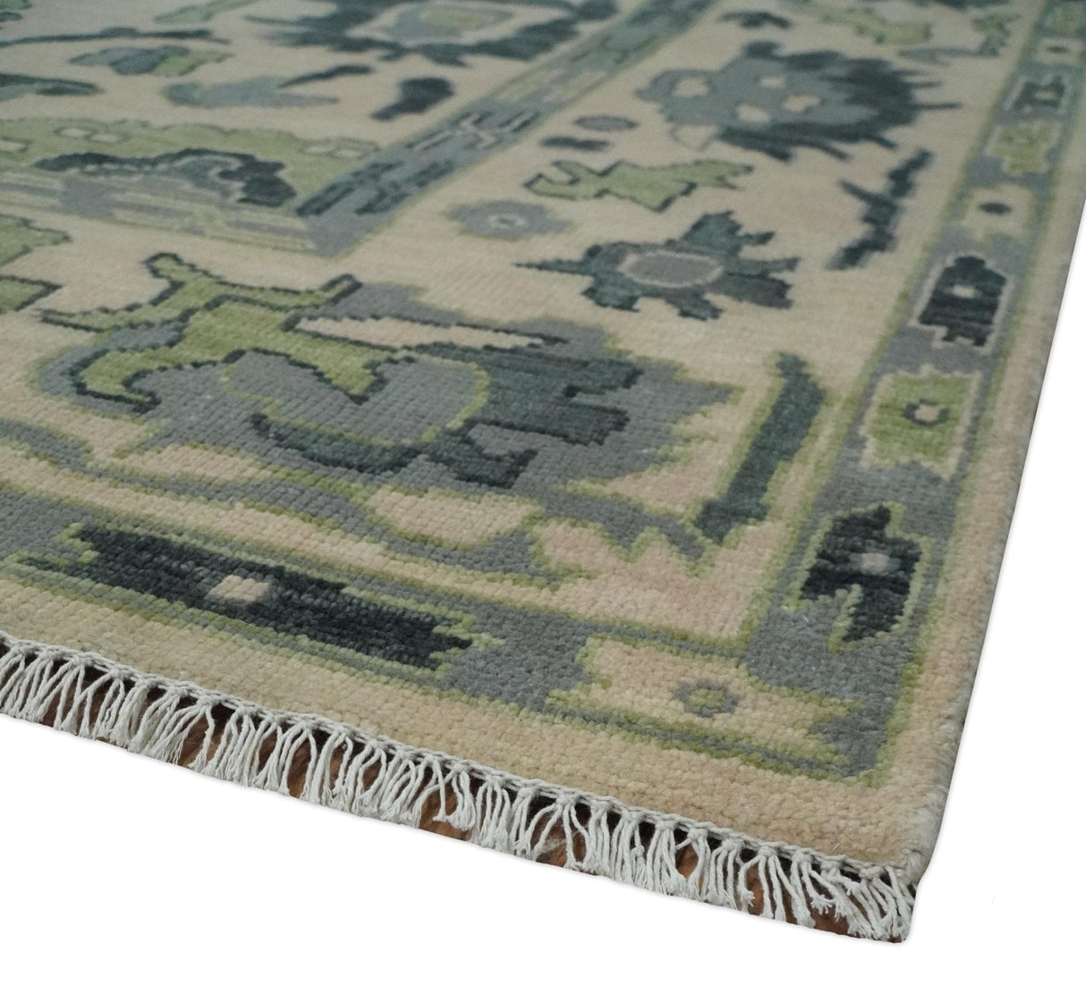 Peach, Charcoal and Green Hand knotted 8x10 and 9x12 Oushak Traditional Wool Area Rug