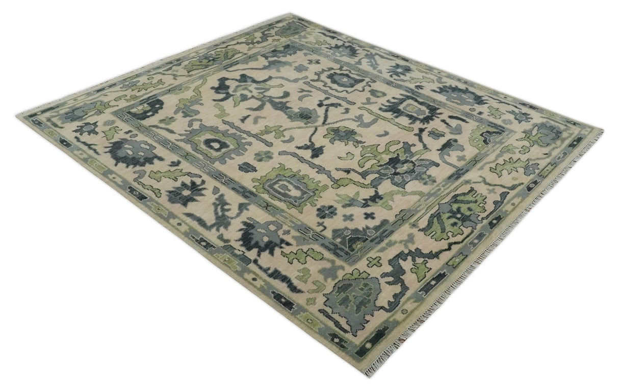 Peach, Charcoal and Green Hand knotted 8x10 and 9x12 Oushak Traditional Wool Area Rug