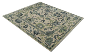 Peach, Charcoal and Green Hand knotted 8x10 and 9x12 Oushak Traditional Wool Area Rug