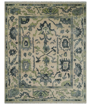 Peach, Charcoal and Green Hand knotted 8x10 and 9x12 Oushak Traditional Wool Area Rug