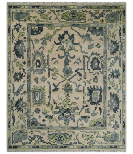 Peach, Charcoal and Green Hand knotted 8x10 and 9x12 Oushak Traditional Wool Area Rug