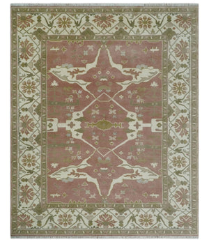 Peach, Ivory and Olive Hand knotted 8x10 and 9x12 Oriental Oushak Traditional Wool Area Rug, Kids, Living Room and Bedroom Rug