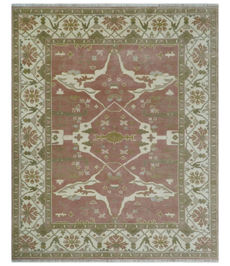 Peach, Ivory and Olive Hand knotted 8x10 and 9x12 Oriental Oushak Traditional Wool Area Rug, Kids, Living Room and Bedroom Rug