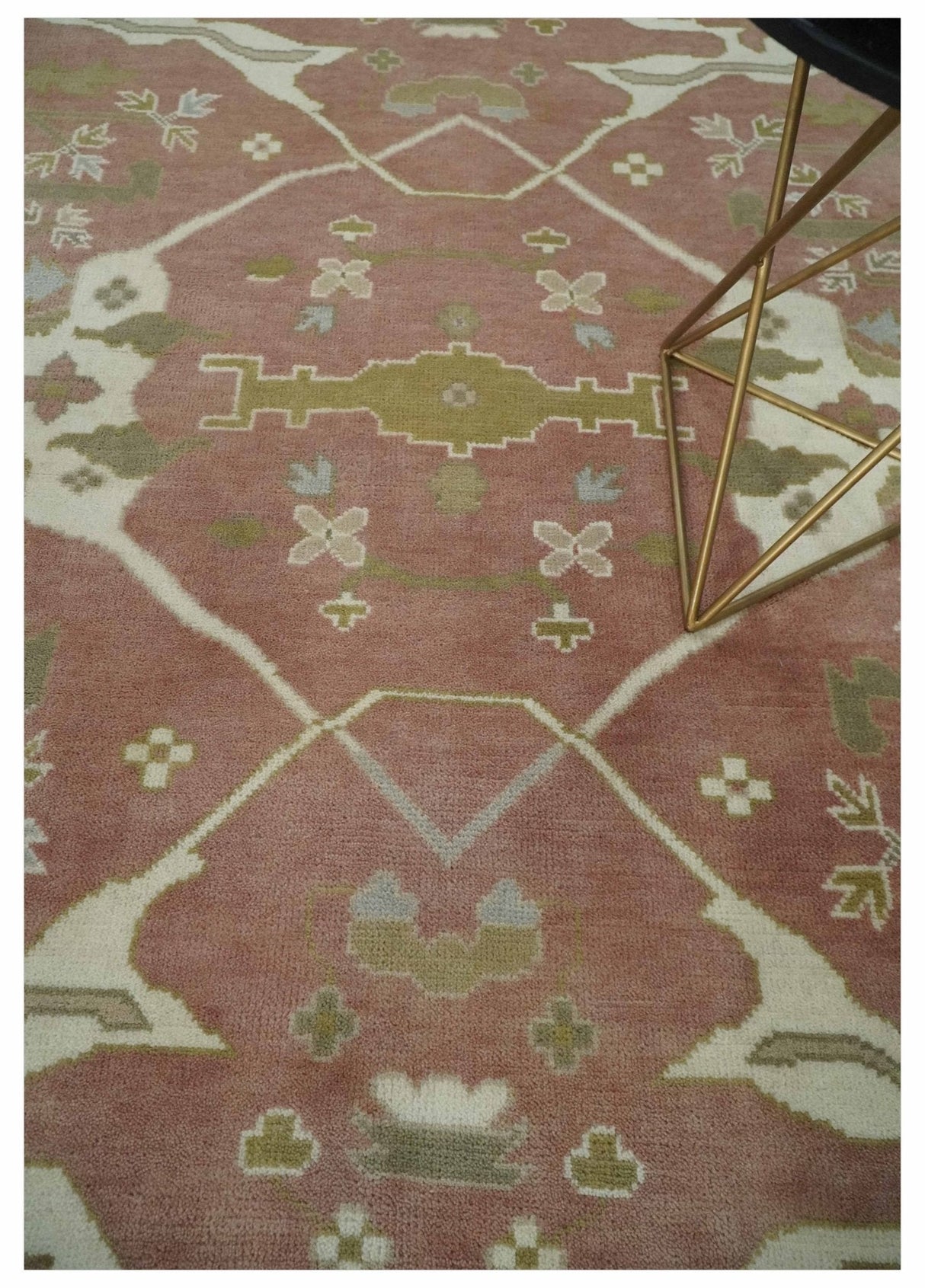 Peach, Ivory and Olive Hand knotted 8x10 and 9x12 Oriental Oushak Traditional Wool Area Rug, Kids, Living Room and Bedroom Rug