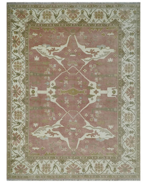 Peach, Ivory and Olive Hand knotted 8x10 and 9x12 Oriental Oushak Traditional Wool Area Rug, Kids, Living Room and Bedroom Rug