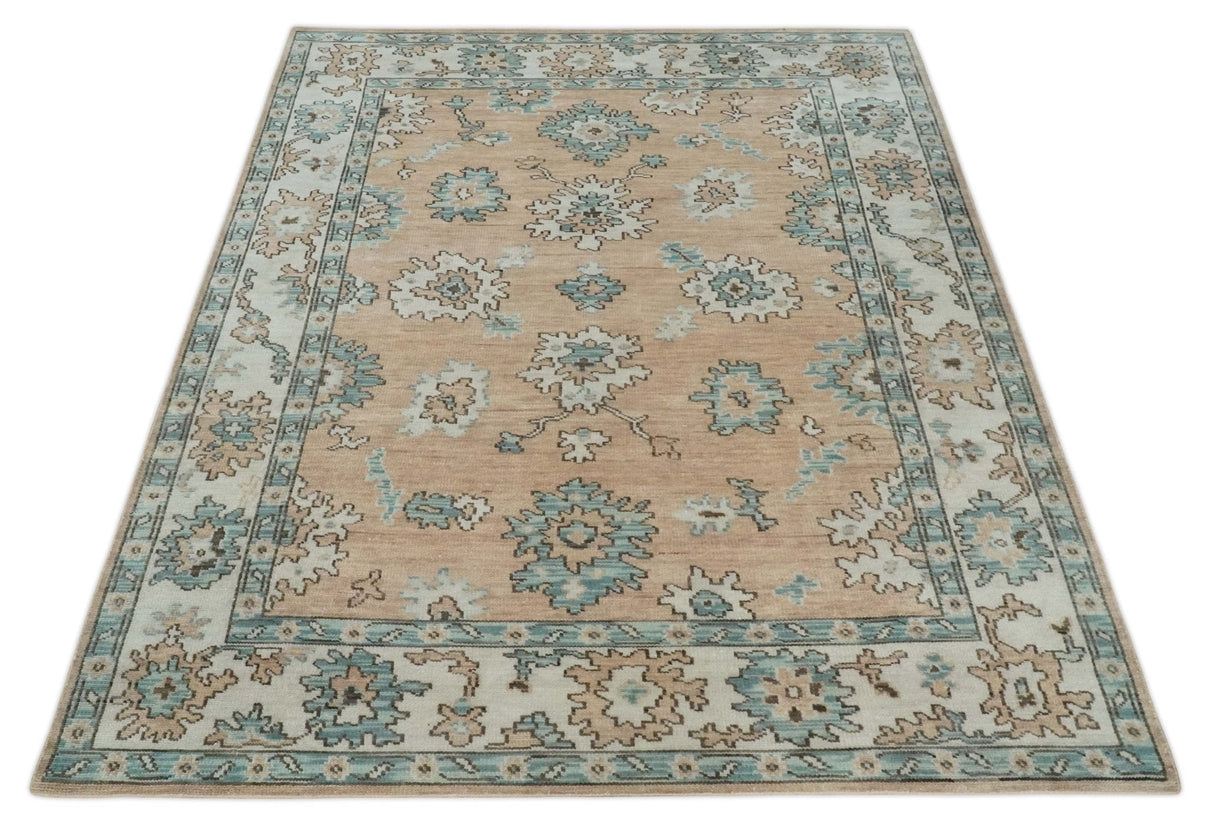 Peach, Ivory and Teal Hand knotted Traditional Oushak Multi Size wool Area Rug