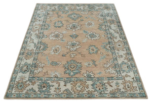 Peach, Ivory and Teal Hand knotted Traditional Oushak Multi Size wool Area Rug