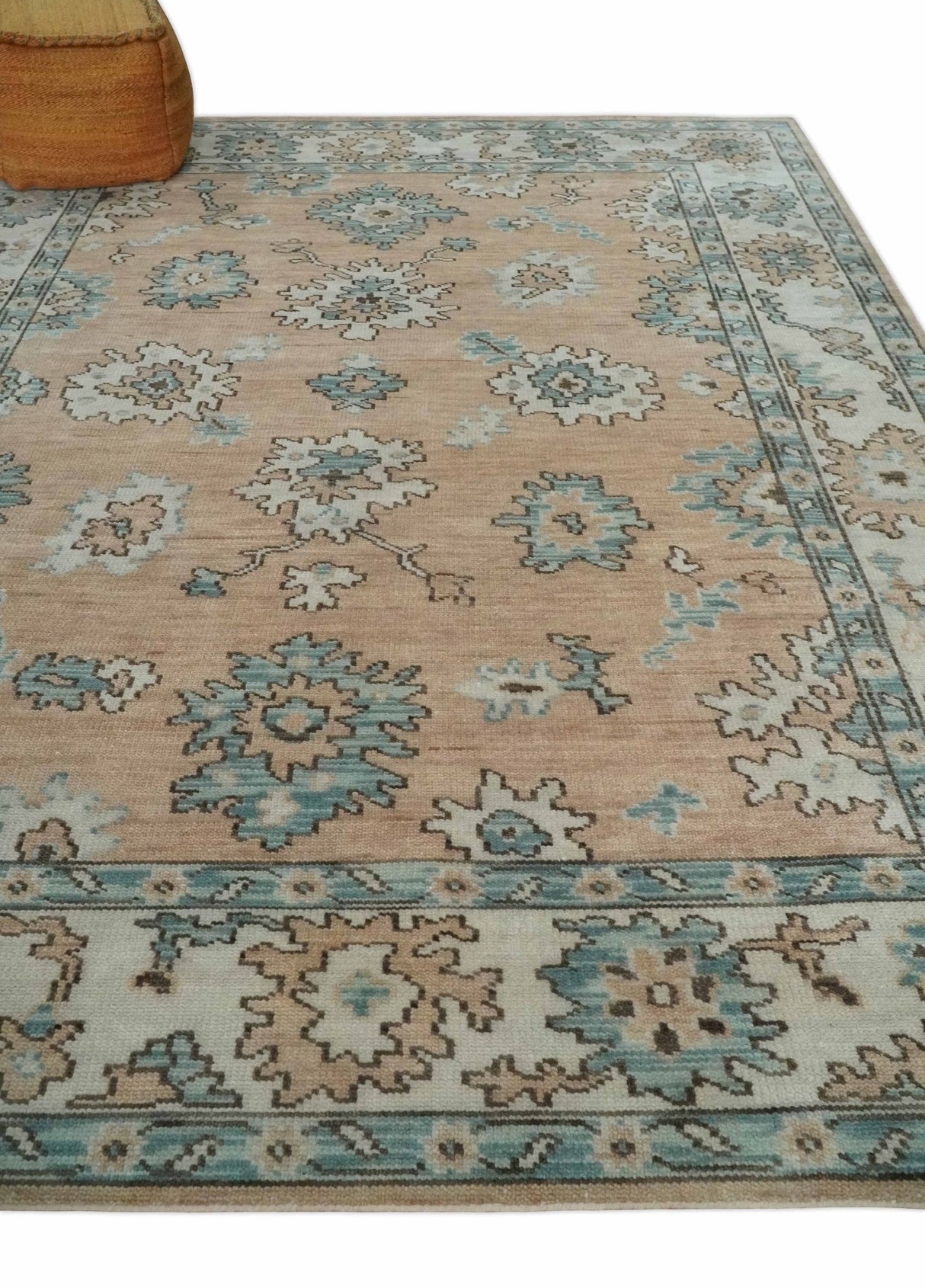 Peach, Ivory and Teal Hand knotted Traditional Oushak Multi Size wool Area Rug