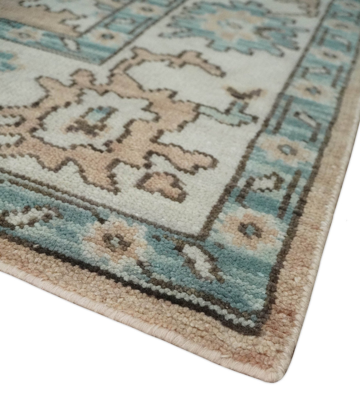Peach, Ivory and Teal Hand knotted Traditional Oushak Multi Size wool Area Rug