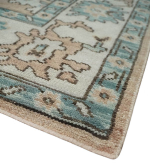 Peach, Ivory and Teal Hand knotted Traditional Oushak Multi Size wool Area Rug