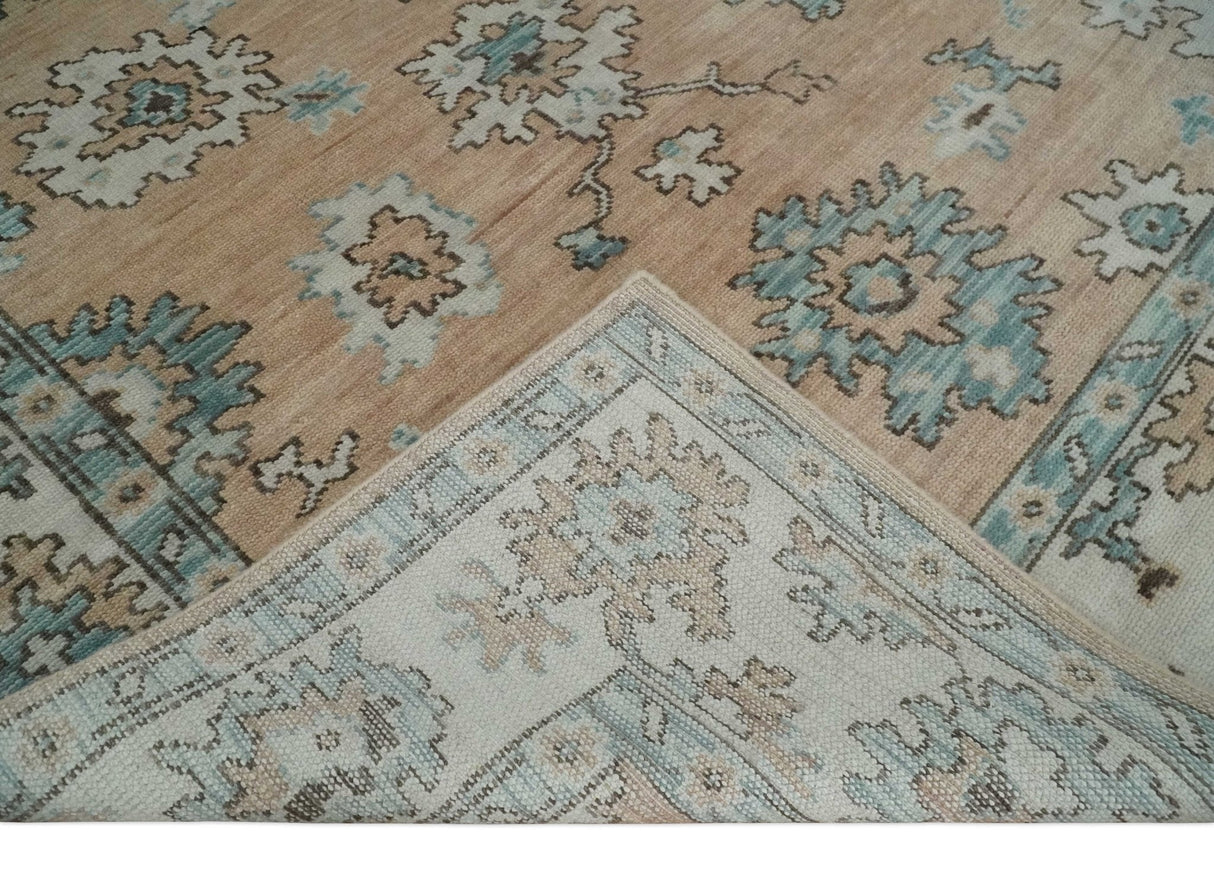 Peach, Ivory and Teal Hand knotted Traditional Oushak Multi Size wool Area Rug
