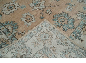Peach, Ivory and Teal Hand knotted Traditional Oushak Multi Size wool Area Rug