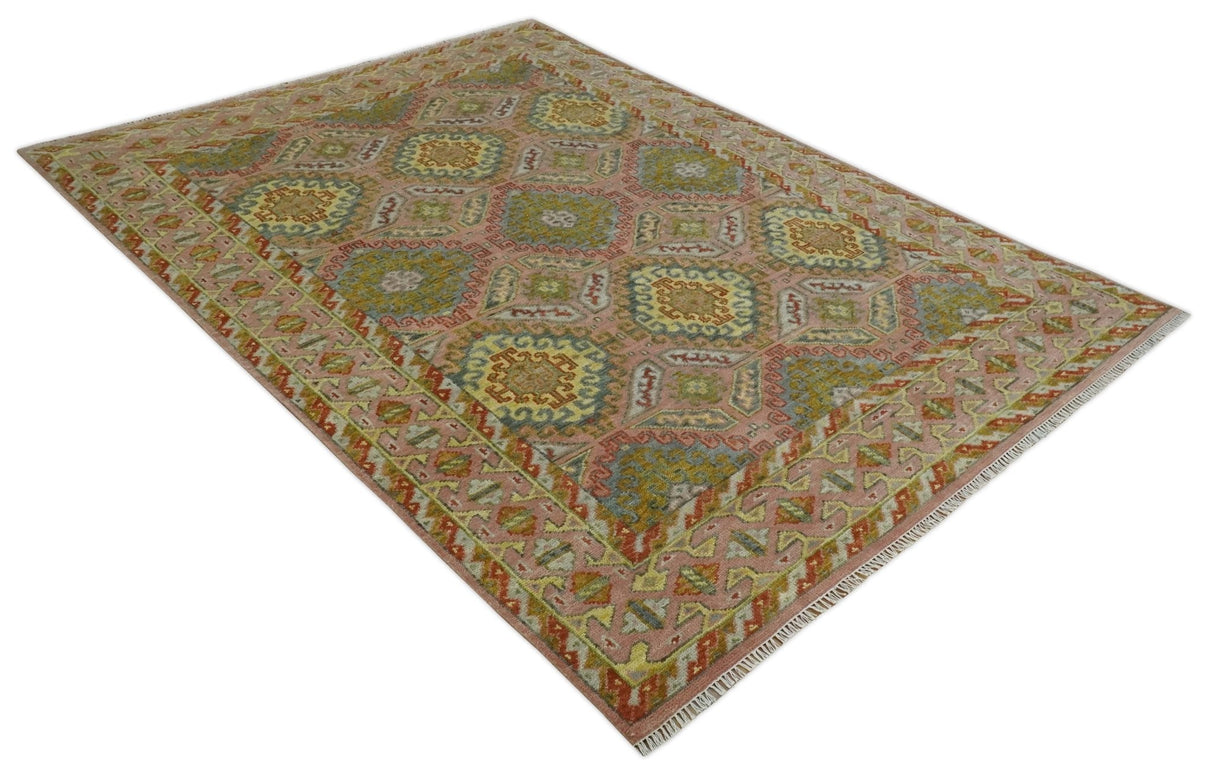 Peach, Mustard, Brown and Gray Oriental Hand Knotted Multi Size Wool Area Rug, Living Room and Bedroom Rug