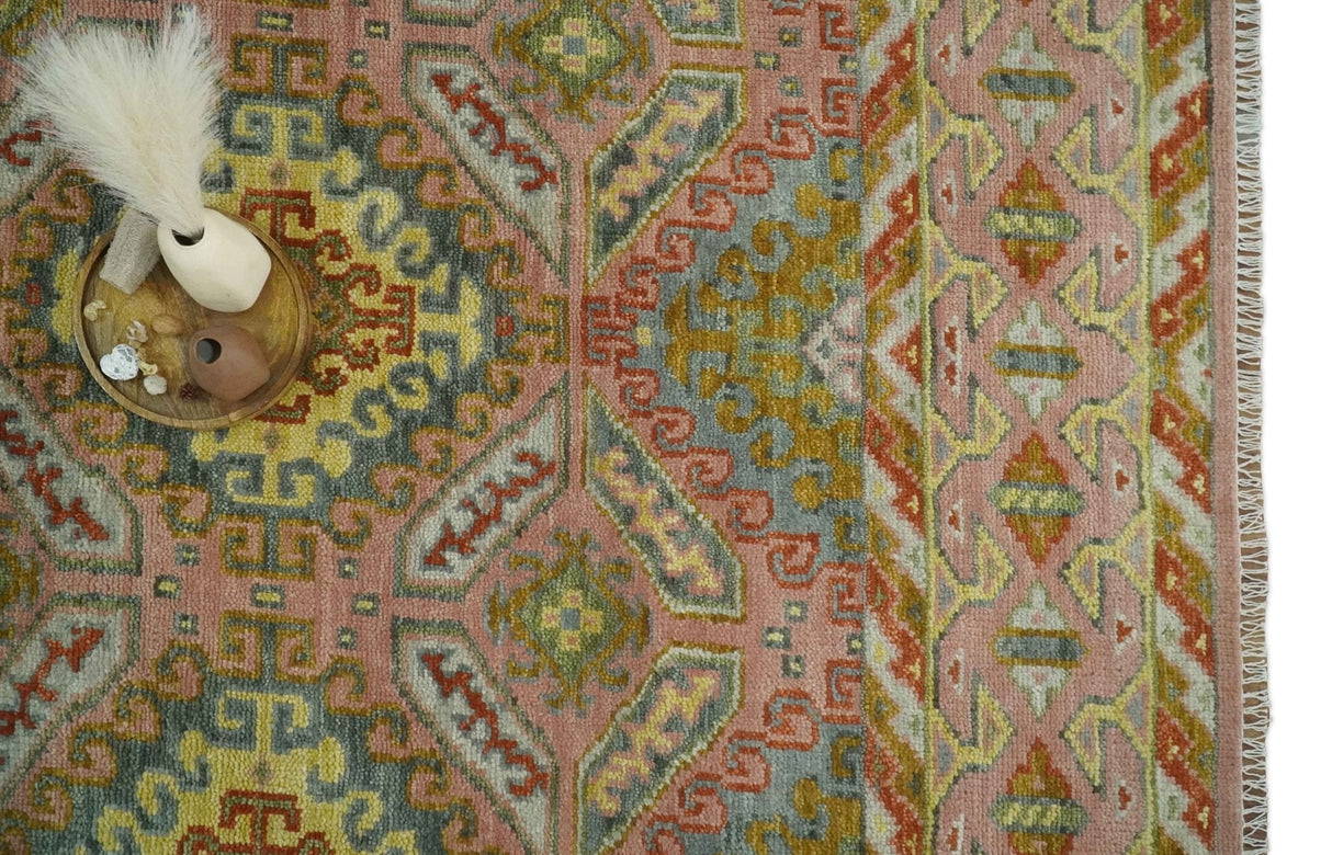 Peach, Mustard, Brown and Gray Oriental Hand Knotted Multi Size Wool Area Rug, Living Room and Bedroom Rug