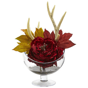 Peony Artificial Arrangement in Pedestal Glass Vase