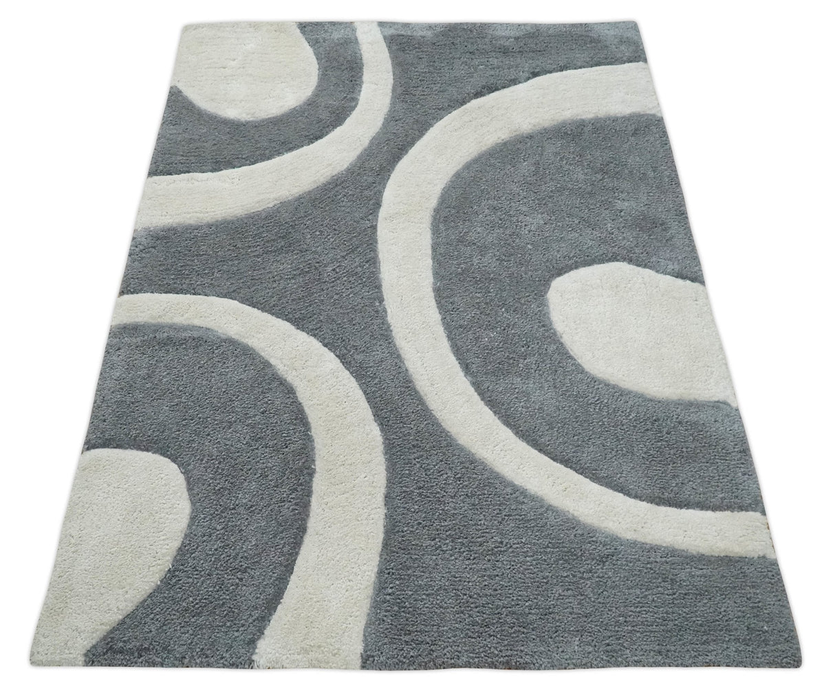 Plush Contemporary 3x5, 4x6 and 5x7 Hand Woven Shag Ivory and Gray Art Silk Soft Area Rug
