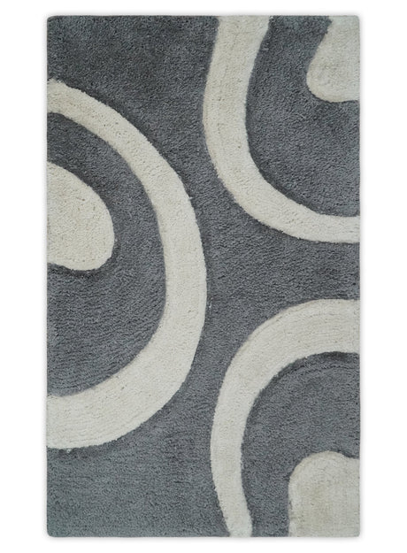 Plush Contemporary 3x5, 4x6 and 5x7 Hand Woven Shag Ivory and Gray Art Silk Soft Area Rug
