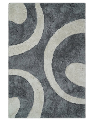 Plush Contemporary 3x5, 4x6 and 5x7 Hand Woven Shag Ivory and Gray Art Silk Soft Area Rug