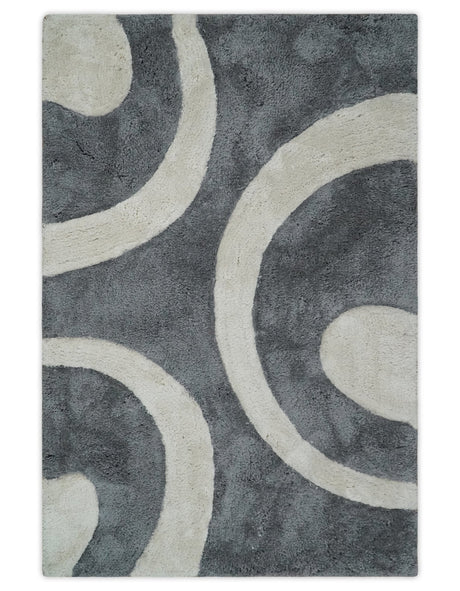 Plush Contemporary 3x5, 4x6 and 5x7 Hand Woven Shag Ivory and Gray Art Silk Soft Area Rug