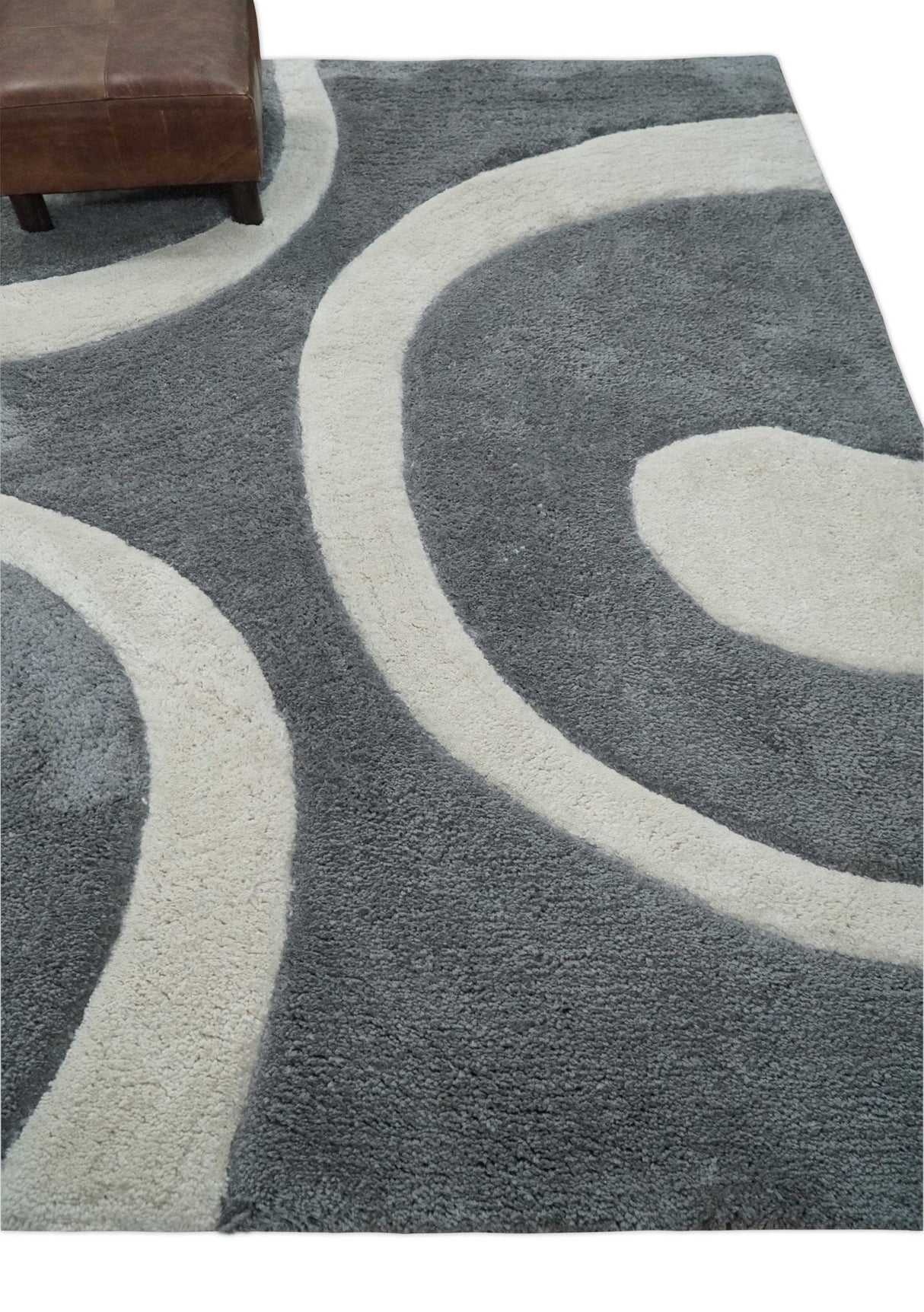 Plush Contemporary 3x5, 4x6 and 5x7 Hand Woven Shag Ivory and Gray Art Silk Soft Area Rug