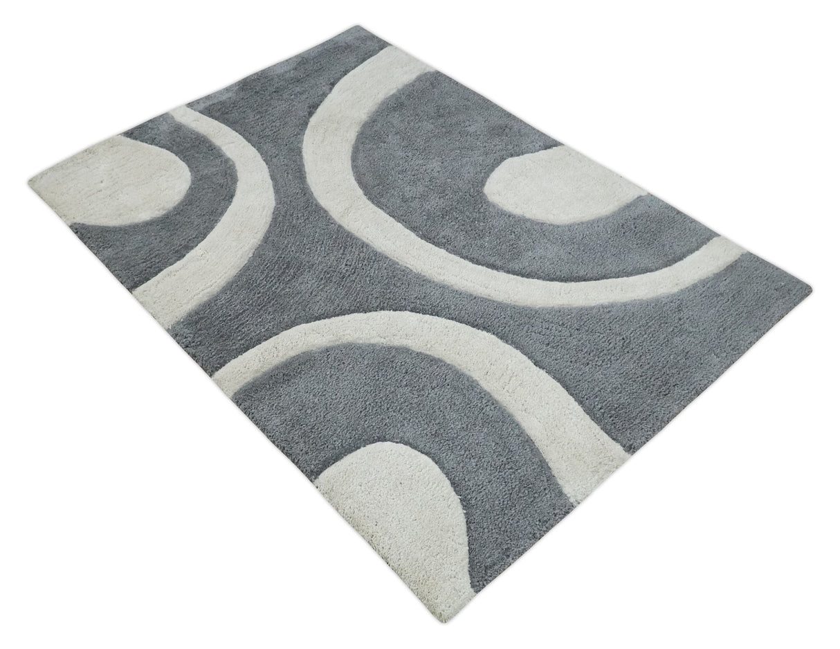 Plush Contemporary 3x5, 4x6 and 5x7 Hand Woven Shag Ivory and Gray Art Silk Soft Area Rug