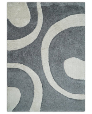 Plush Contemporary 3x5, 4x6 and 5x7 Hand Woven Shag Ivory and Gray Art Silk Soft Area Rug