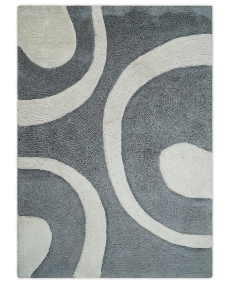 Plush Contemporary 3x5, 4x6 and 5x7 Hand Woven Shag Ivory and Gray Art Silk Soft Area Rug