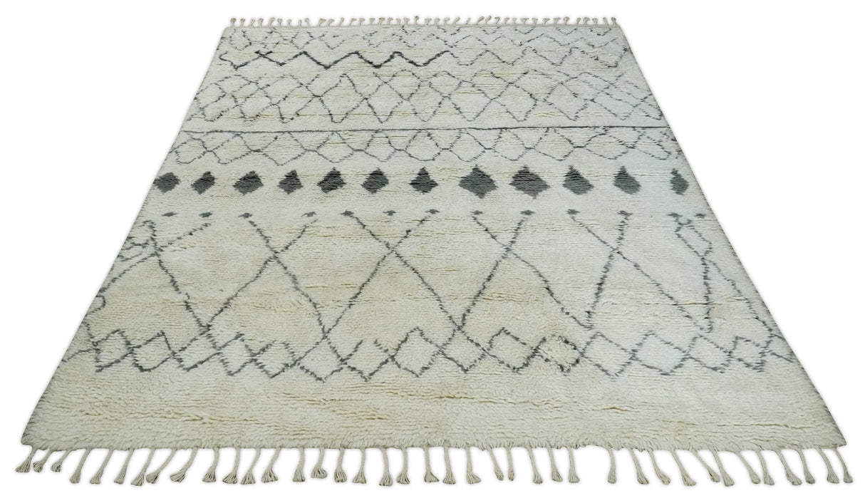 Plush Thick Beni Ourain 8x10.5 Ivory and Charcoal Geometrical design Moroccan Rug Made with fine Wool