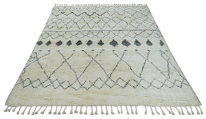 Plush Thick Beni Ourain 8x10.5 Ivory and Charcoal Geometrical design Moroccan Rug Made with fine Wool