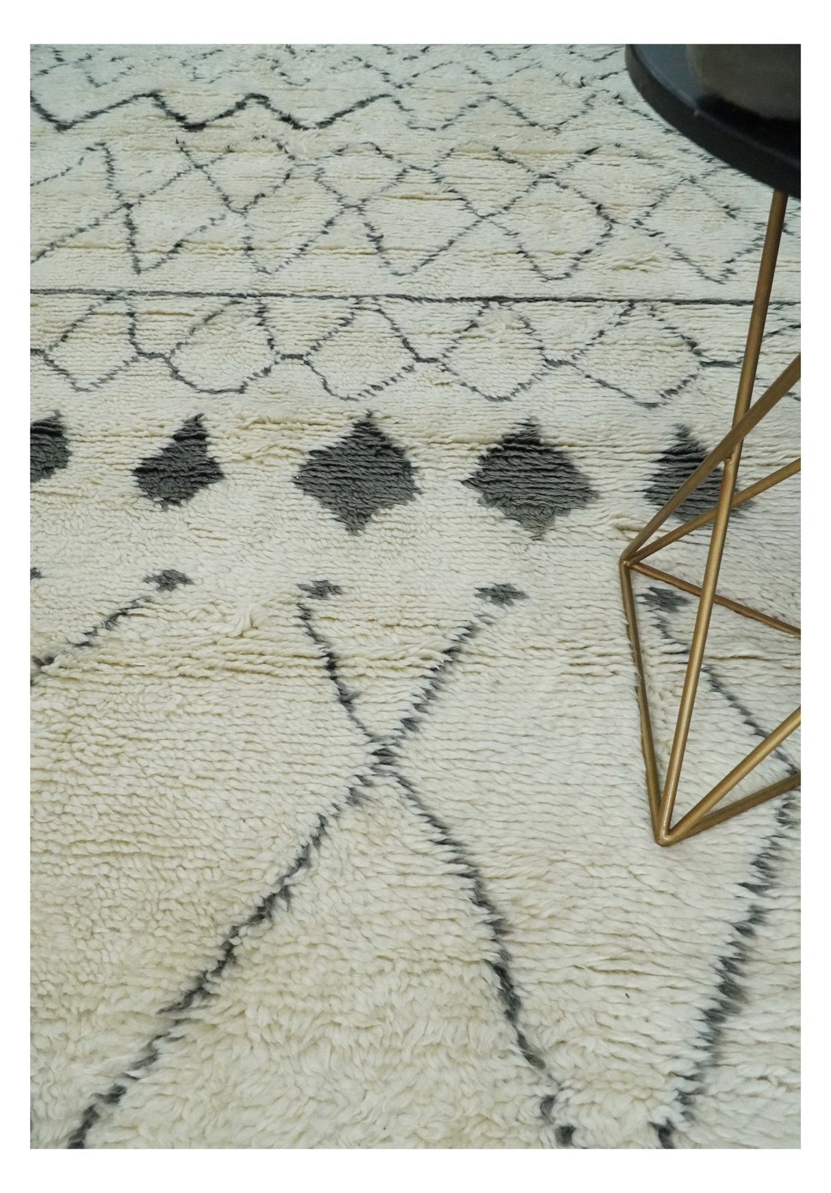 Plush Thick Beni Ourain 8x10.5 Ivory and Charcoal Geometrical design Moroccan Rug Made with fine Wool