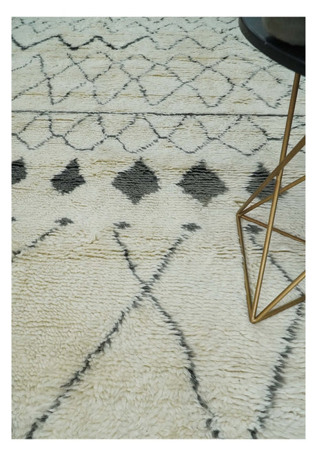 Plush Thick Beni Ourain 8x10.5 Ivory and Charcoal Geometrical design Moroccan Rug Made with fine Wool