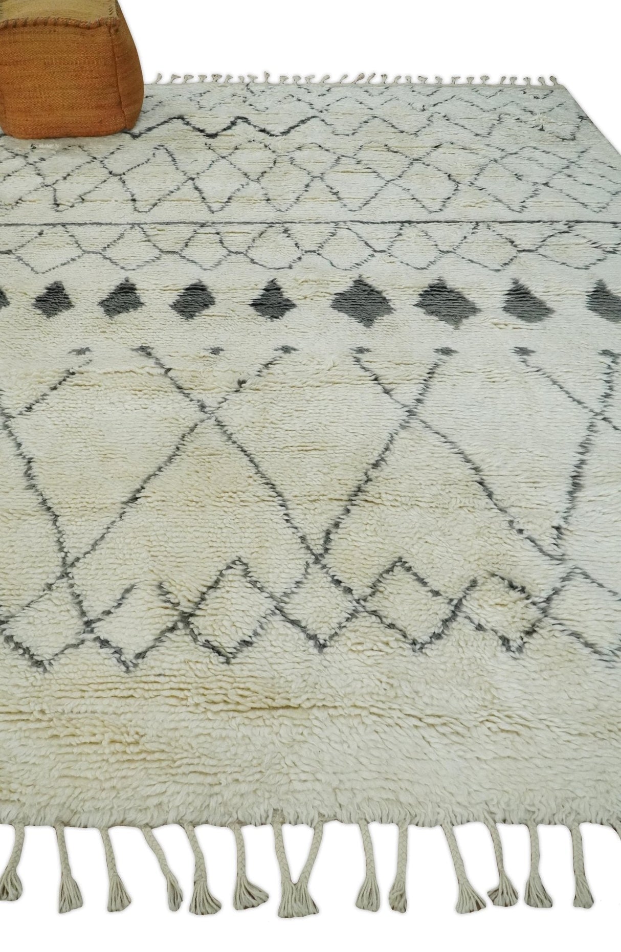 Plush Thick Beni Ourain 8x10.5 Ivory and Charcoal Geometrical design Moroccan Rug Made with fine Wool