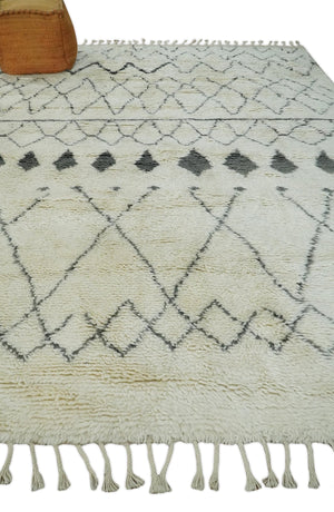 Plush Thick Beni Ourain 8x10.5 Ivory and Charcoal Geometrical design Moroccan Rug Made with fine Wool