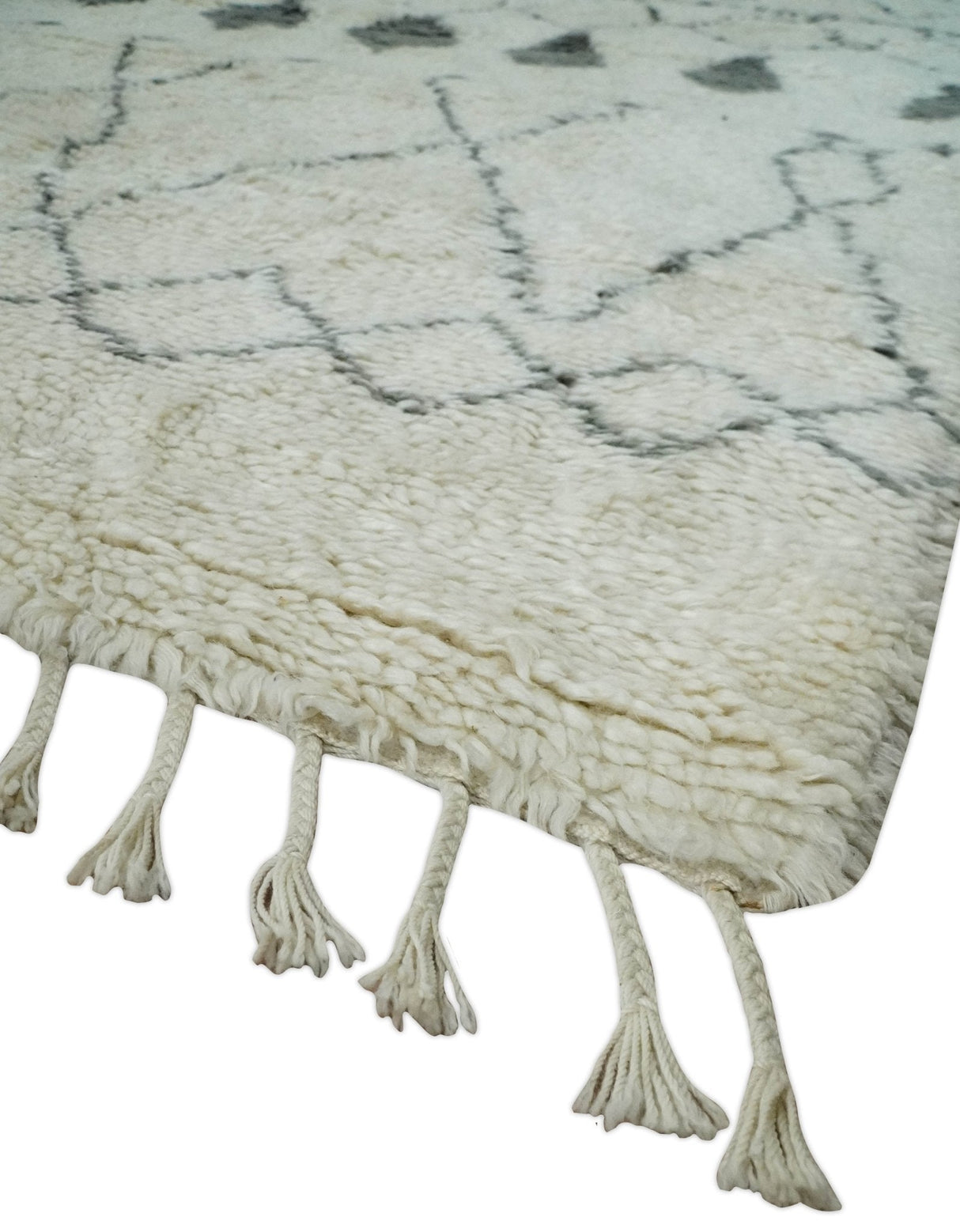 Plush Thick Beni Ourain 8x10.5 Ivory and Charcoal Geometrical design Moroccan Rug Made with fine Wool