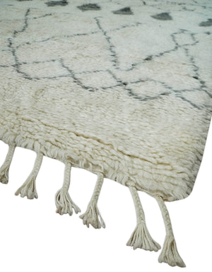 Plush Thick Beni Ourain 8x10.5 Ivory and Charcoal Geometrical design Moroccan Rug Made with fine Wool