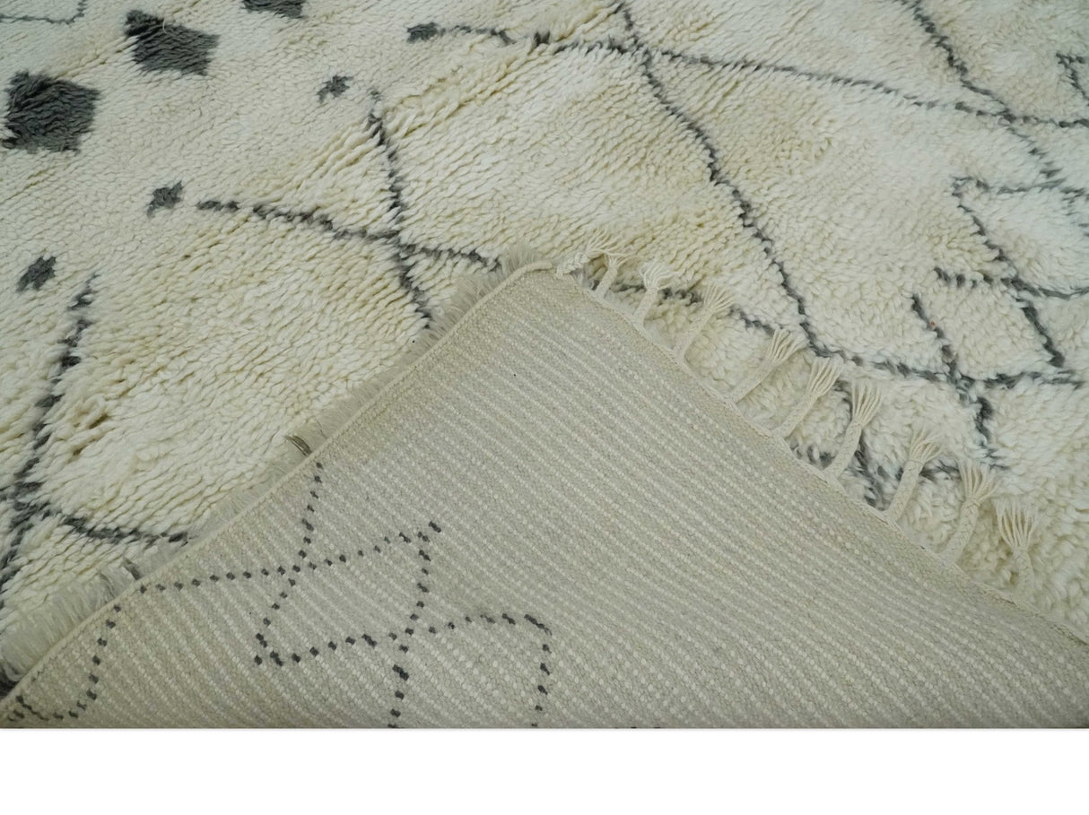 Plush Thick Beni Ourain 8x10.5 Ivory and Charcoal Geometrical design Moroccan Rug Made with fine Wool