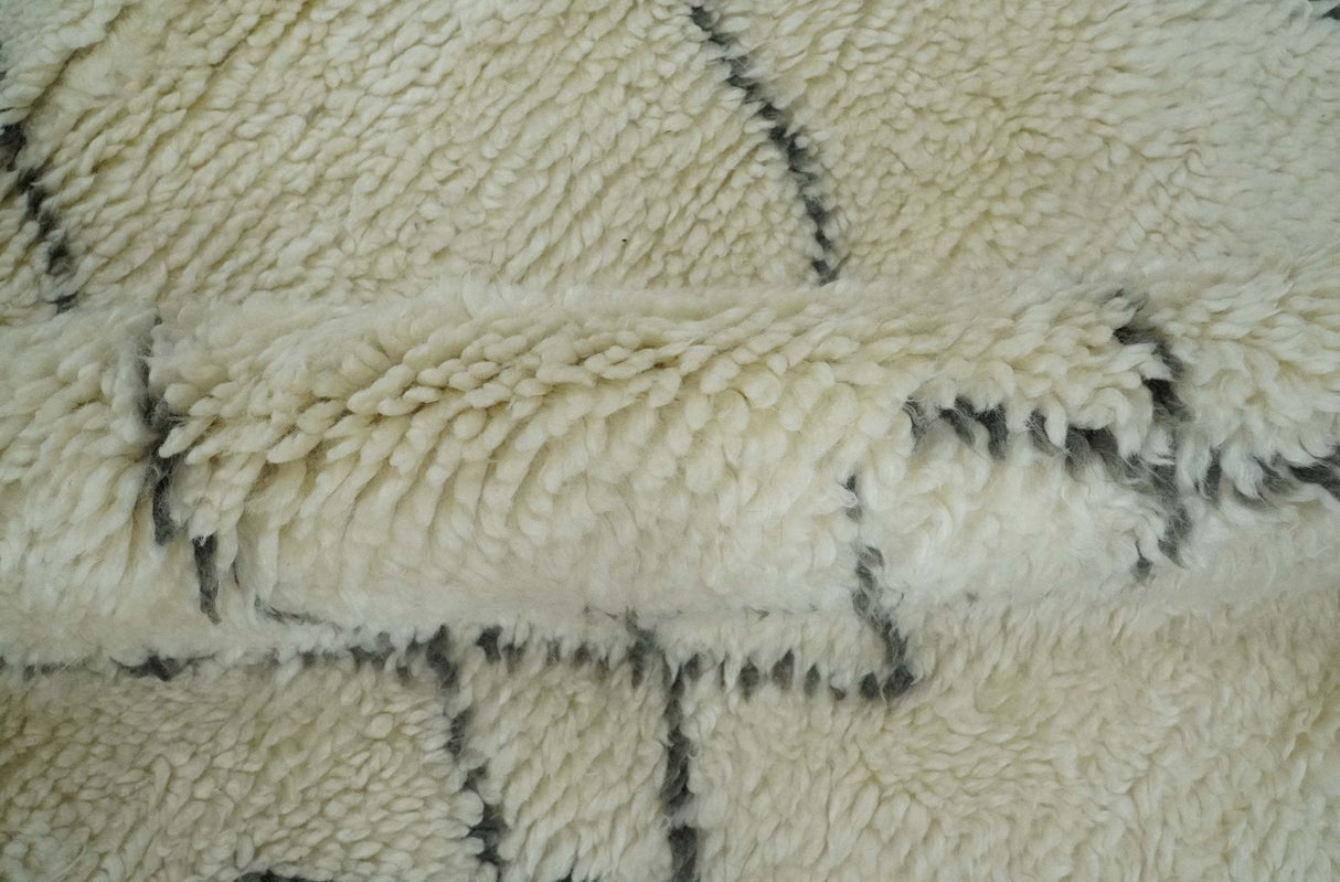 Plush Thick Beni Ourain 8x10.5 Ivory and Charcoal Geometrical design Moroccan Rug Made with fine Wool