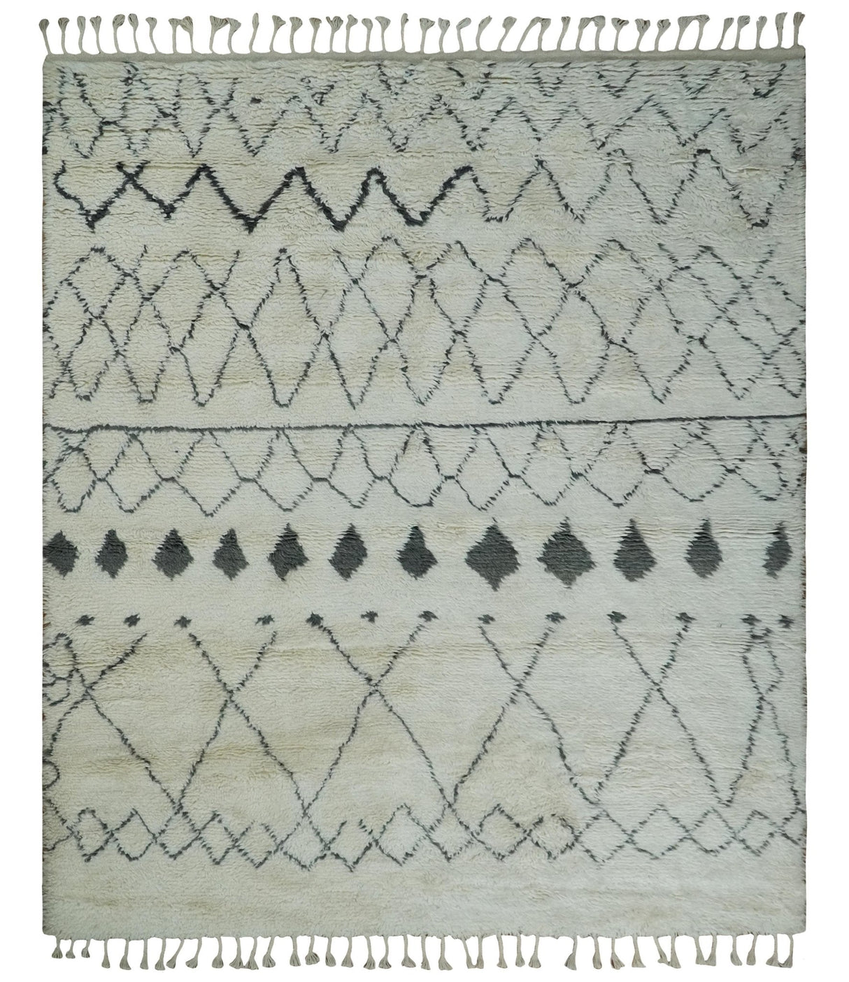 Plush Thick Beni Ourain 8x10.5 Ivory and Charcoal Geometrical design Moroccan Rug Made with fine Wool